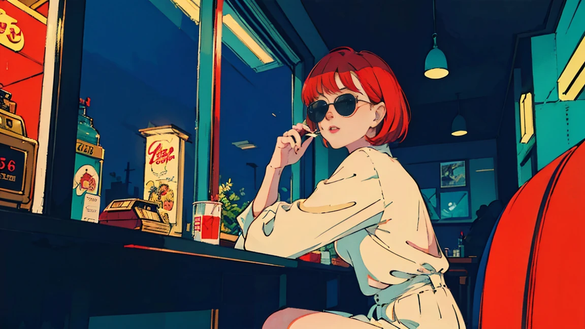 beautiful asian girl with red hair sitting in a diner at night, seen through a window, perfect face, sunglasses, smoking a white tailor made cigarette, NeonNoir, (backlit: 1.1), hard shadow, masterpiece, best quality, Intricate, modelshoot style, vintage, film grain, drive,citypop,cassettetape,record