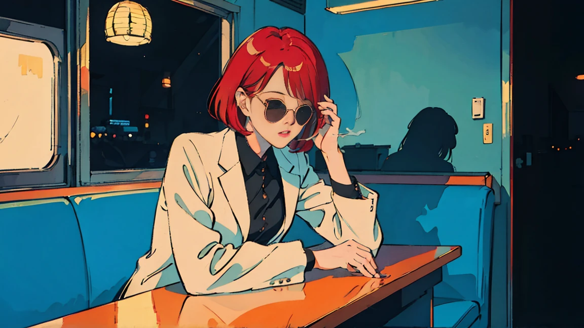 beautiful asian girl with red hair sitting in a diner at night, seen through a window, perfect face, sunglasses, smoking a white tailor made cigarette, NeonNoir, (backlit: 1.1), hard shadow, masterpiece, best quality, Intricate, modelshoot style, vintage, film grain, drive,citypop,cassettetape,record