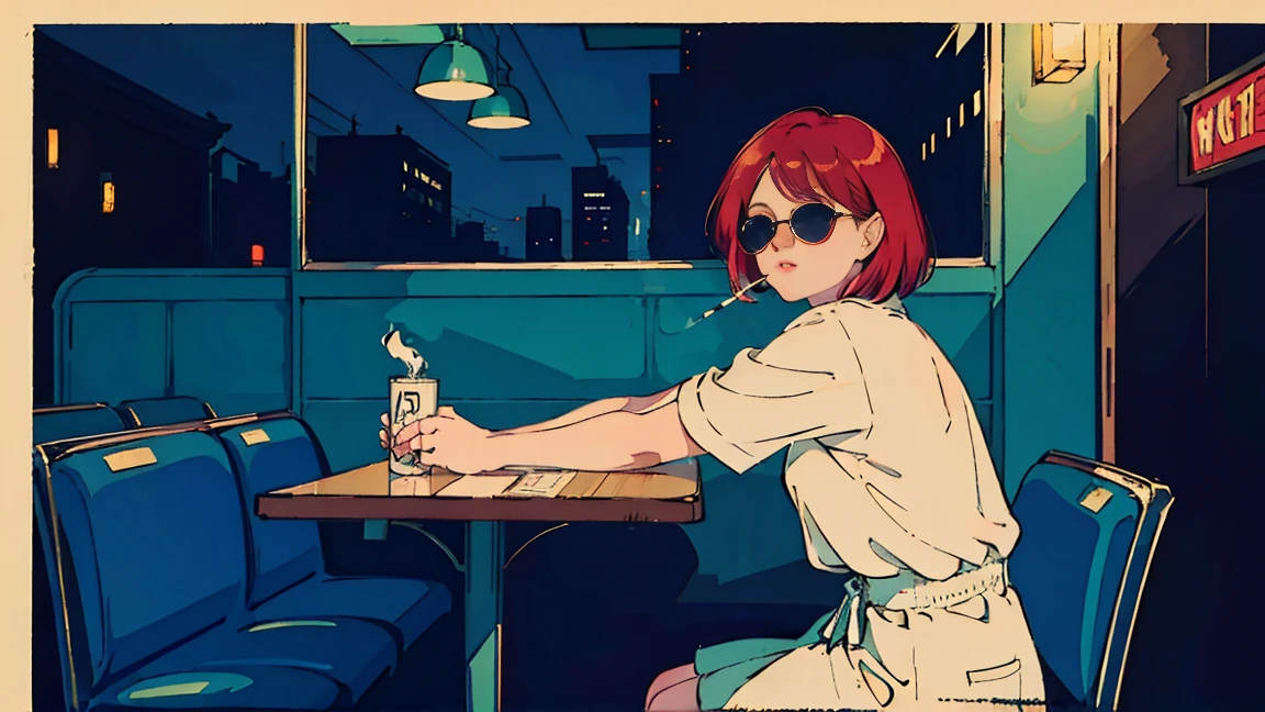 beautiful asian girl with red hair sitting in a diner at night, seen through a window, perfect face, sunglasses, smoking a white tailor made cigarette, NeonNoir, (backlit: 1.1), hard shadow, masterpiece, best quality, Intricate, modelshoot style, vintage, film grain, drive,citypop,cassettetape,record