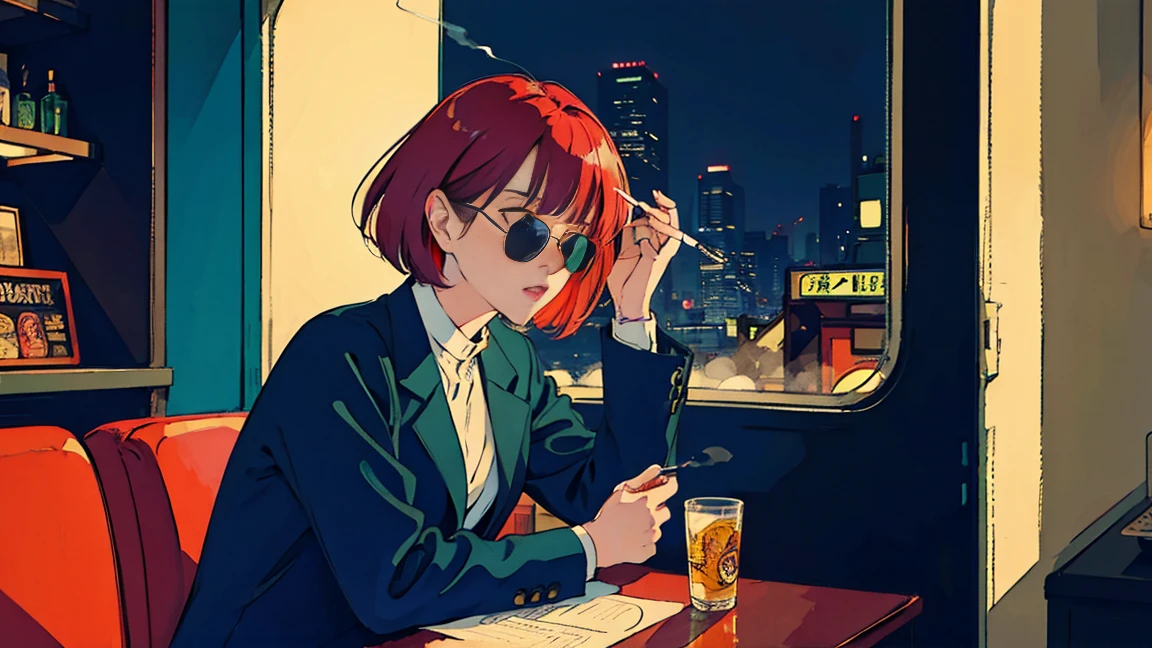 beautiful asian girl with red hair sitting in a diner at night, seen through a window, perfect face, sunglasses, smoking a white tailor made cigarette, NeonNoir, (backlit: 1.1), hard shadow, masterpiece, best quality, Intricate, modelshoot style, vintage, film grain, drive,citypop,cassettetape,record