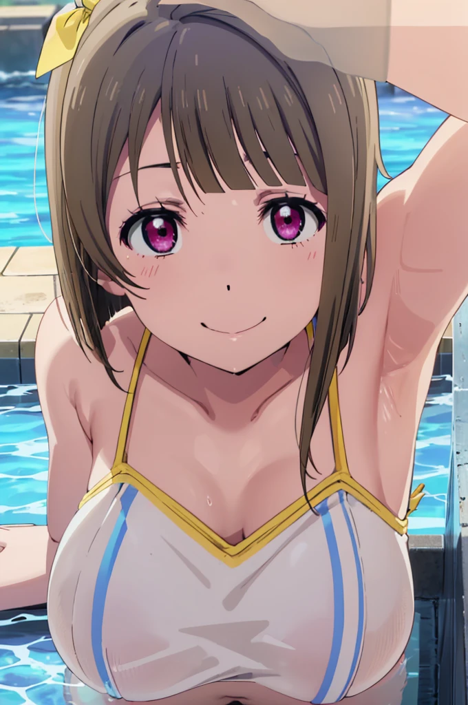 (masterpiece, best quality:1.2), illustration, (1girl, solo), big smile, indoor rooftop poolside, gold bikini, Akagi Miria