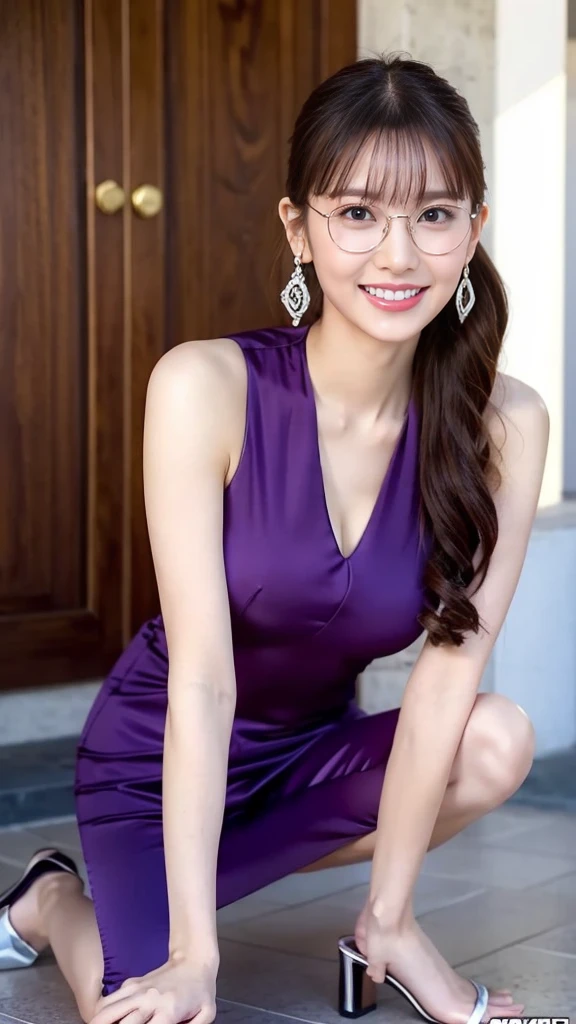 One girl, Purple eyes, solo, sunglasses, Purple Hair, Glasses on the head, View your viewers, smile, 耳Nipple Ring, gem, Turn back, With bangs, Close the top of the mouth, Star Kafka,, Shiny, Glowing Skin, Mature Woman,Kitagawa Uyudo house style, Young woman anime visual,Focus on the face: delicate and beautiful face, high ponytail,city,Outdoor,stand up,Long legs,Mature Woman,Busty Wife,Married women,Mature Woman,office lady,(masterpiece), (Highest quality), (Super detailed),(Disheveled Hair),Huge ,Stiletto heels,slender and tall,Exquisite detail,Paws are delicate