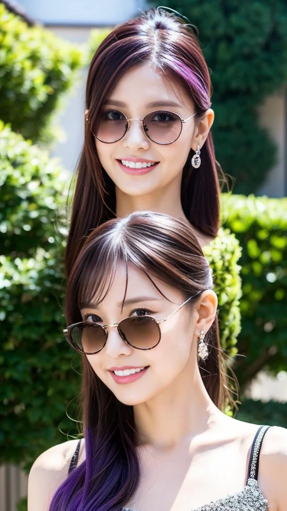 One girl， Purple eyes， solo， sunglasses， Purple Hair， Glasses on the head， View your viewers， smile， 耳Nipple Ring， gem， Turn back， With bangs， Close the top of the mouth， Star Kafka，， Shiny， Glowing Skin， Mature Woman,Kitagawa Uyudo house style, Young woman anime visual,Focus on the face: delicate and beautiful face, high ponytail,city,Outdoor,stand up,Long legs,Mature Woman,Busty Wife,Married women,Mature Woman,office lady,(masterpiece), (Highest quality), (Super detailed),(Disheveled Hair),Huge ,Stiletto heels,slender and tall,Exquisite detail,Paws are delicate