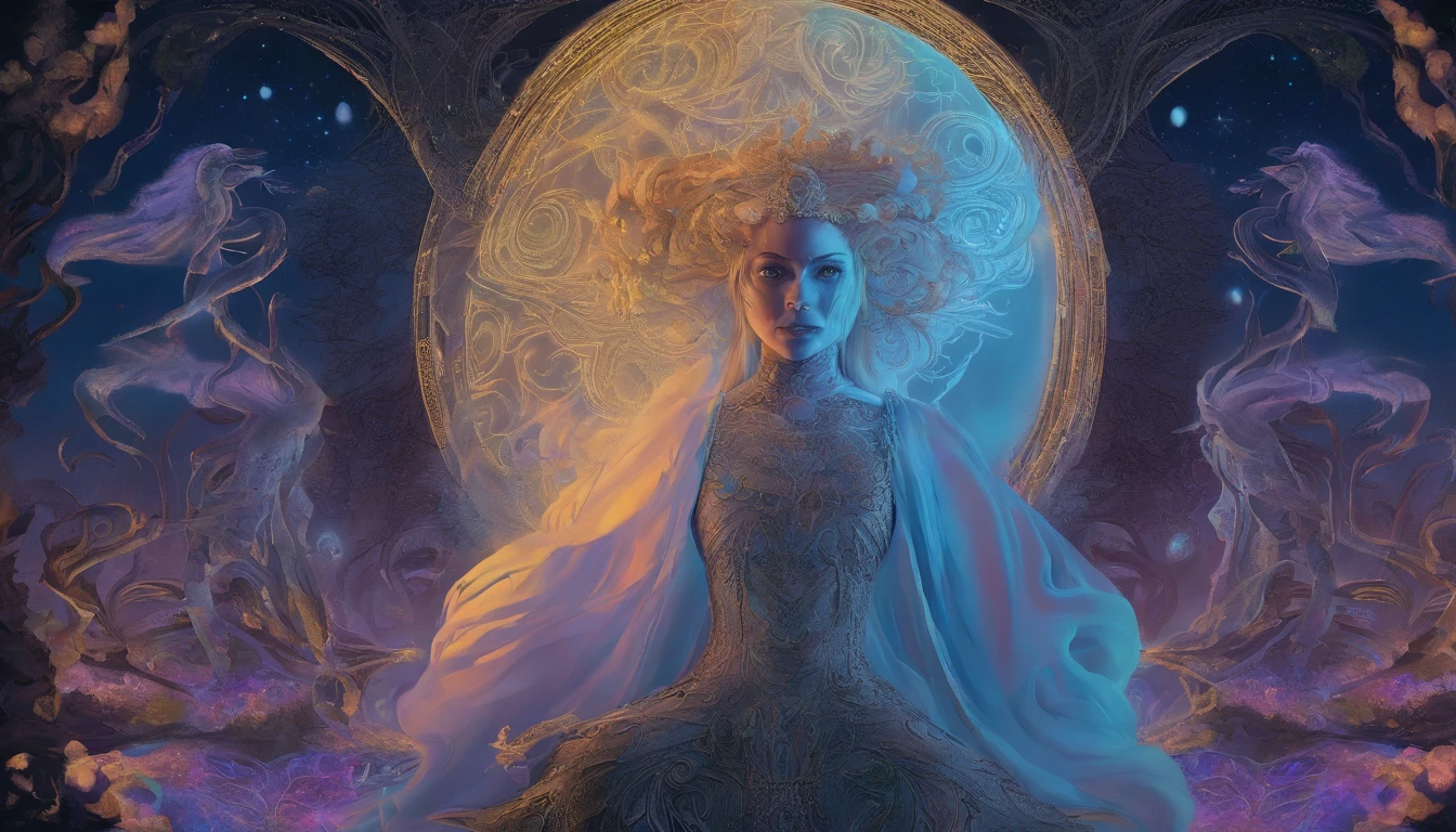 Enchanted witch encountering an alien life form, Magic ghost flower from the abyss, Lit by bioluminescent plants, Very detailed, Glowing lawn, Art Nouveau influences, Amazing moon art. (Luminescent hair), (detailed pearl blue eye), goddess soul, (Magic Swirl Style), looking at the viewer, detailed face, (Luminescent Lighting Magic Circle Theme), perched on a ledge, tight neon body, stripes light, dark abyssal wanderer, (Neon Luminescence Dress with Celtic details), inscribed with mystical runes, dystopian outdoor background.