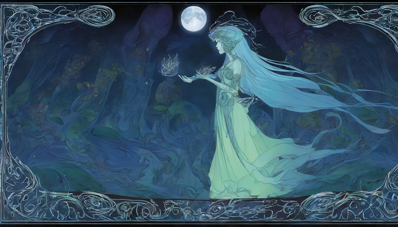 Enchanted witch encountering an alien life form, Magic ghost flower from the abyss, Lit by bioluminescent plants, Very detailed, Glowing lawn, Art Nouveau influences, Amazing moon art. (Luminescent hair), (detailed pearl blue eye), goddess soul, (Magic Swirl Style), looking at the viewer, detailed face, (Luminescent Lighting Magic Circle Theme), perched on a ledge, tight neon body, stripes light, dark abyssal wanderer, (Neon Luminescence Dress with Celtic details), inscribed with mystical runes, dystopian outdoor background.