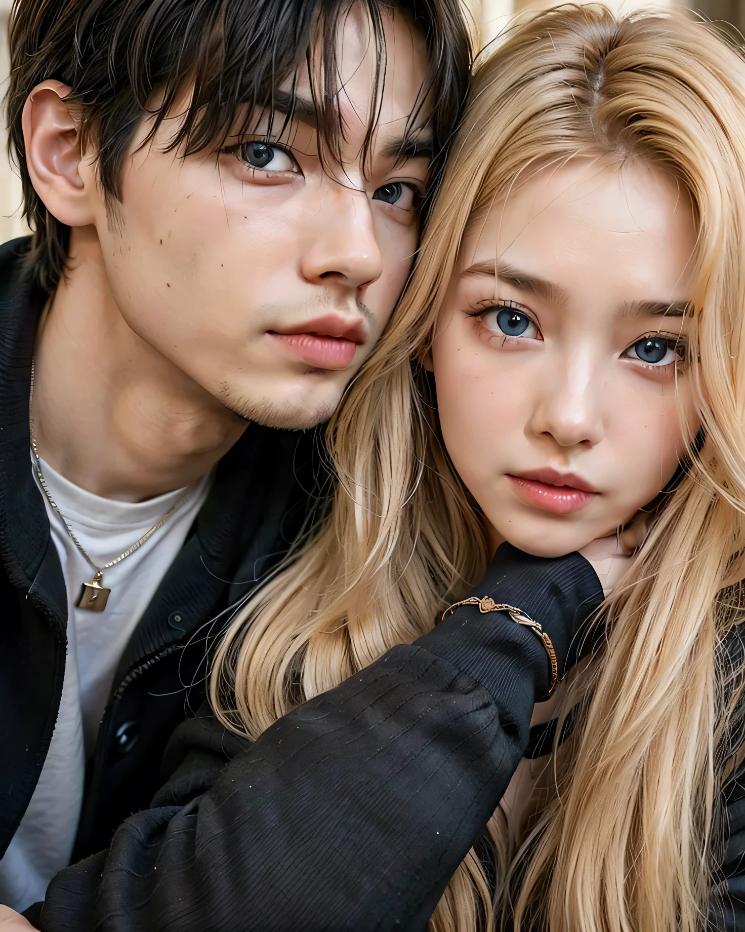 Asian couple with a beautiful man and woman, white and porcelain skin, blue-eyed man and light brown-eyed woman with blond hair, top quality picture, lot of details