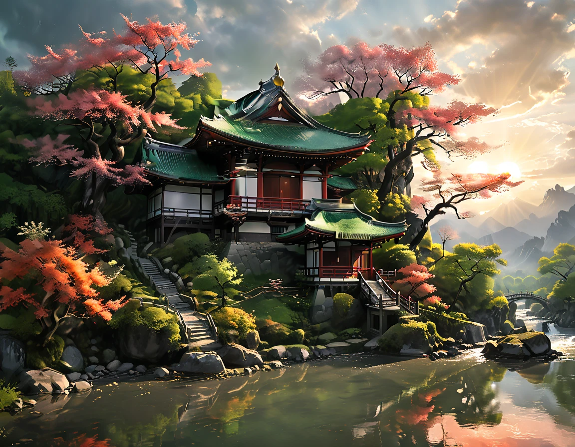 a National Geographic picture of dark Japanese medieval temple, as the ((sun rises in the horizon: 1.1)), it sits on the bank of a river near surrounded by cherry trees, almond trees, Japanese maple trees, (all trees in many colorful shades of green, red, pin, orange: 1.5) ((all scenery is reflected in the river: 1.5)), an epic ancient Japanese medieval temple, ancient and epic in its majestic antiquity, a sense of serenity, tranquility, divine rays, some clouds, sun rays, (highest quality:1.2, Very detailed, up to date, Vibrant, Ultra-high resolution, High Contrast, masterpiece:1.2, highest quality, Best aesthetics), best details, best quality, highres, ultra wide angle, 16k, [ultra detailed], masterpiece, best quality, (extremely detailed: 1.5), Cinematic Hollywood Film, dark novel