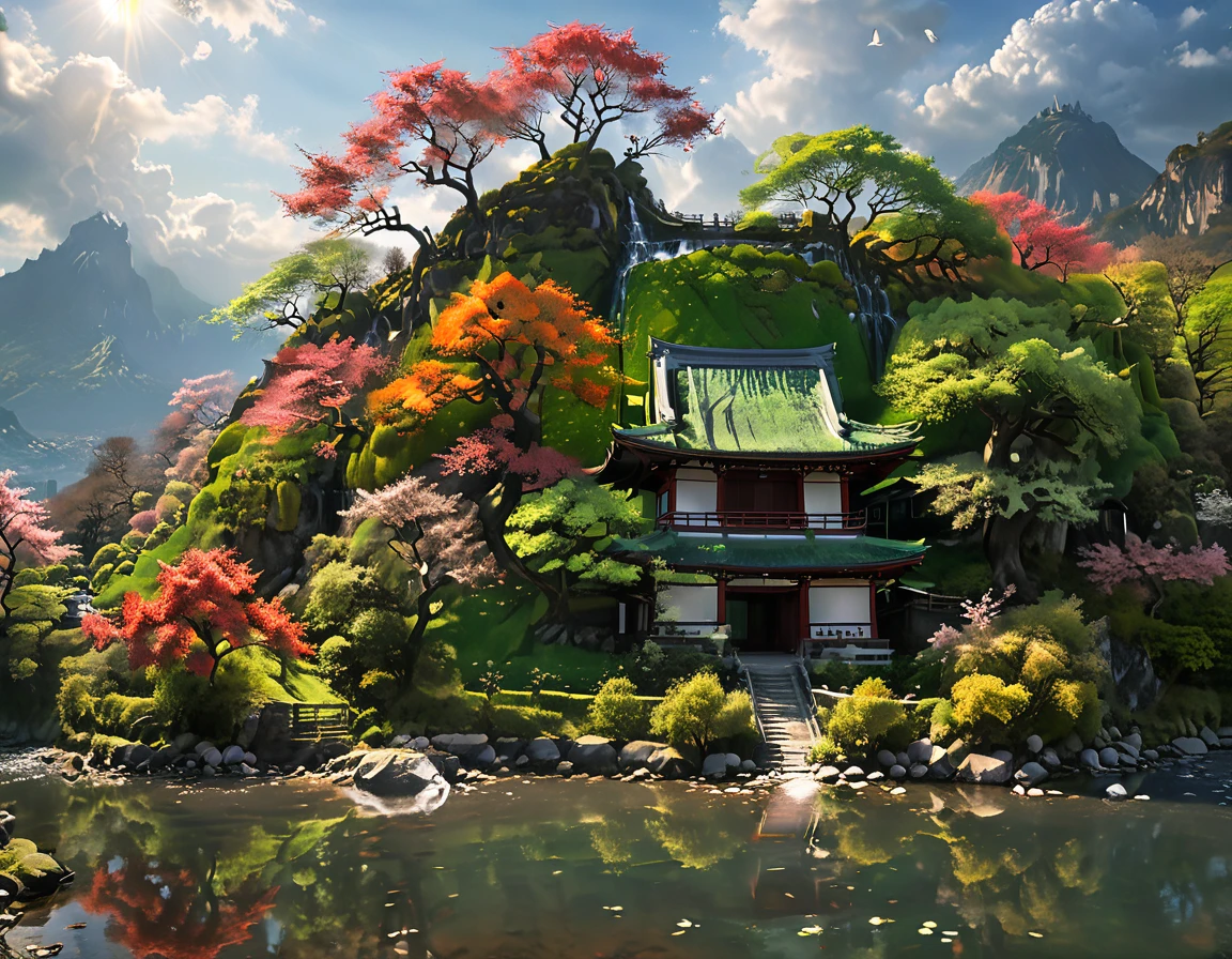 a National Geographic picture of dark Japanese medieval temple, as the ((sun rises in the horizon: 1.1)), it sits on the bank of a river near surrounded by cherry trees, almond trees, Japanese maple trees, (all trees in many colorful shades of green, red, pin, orange: 1.5) ((all scenery is reflected in the river: 1.5)), an epic ancient Japanese medieval temple, ancient and epic in its majestic antiquity, a sense of serenity, tranquility, divine rays, some clouds, sun rays, (highest quality:1.2, Very detailed, up to date, Vibrant, Ultra-high resolution, High Contrast, masterpiece:1.2, highest quality, Best aesthetics), best details, best quality, highres, ultra wide angle, 16k, [ultra detailed], masterpiece, best quality, (extremely detailed: 1.5), Cinematic Hollywood Film, dark novel