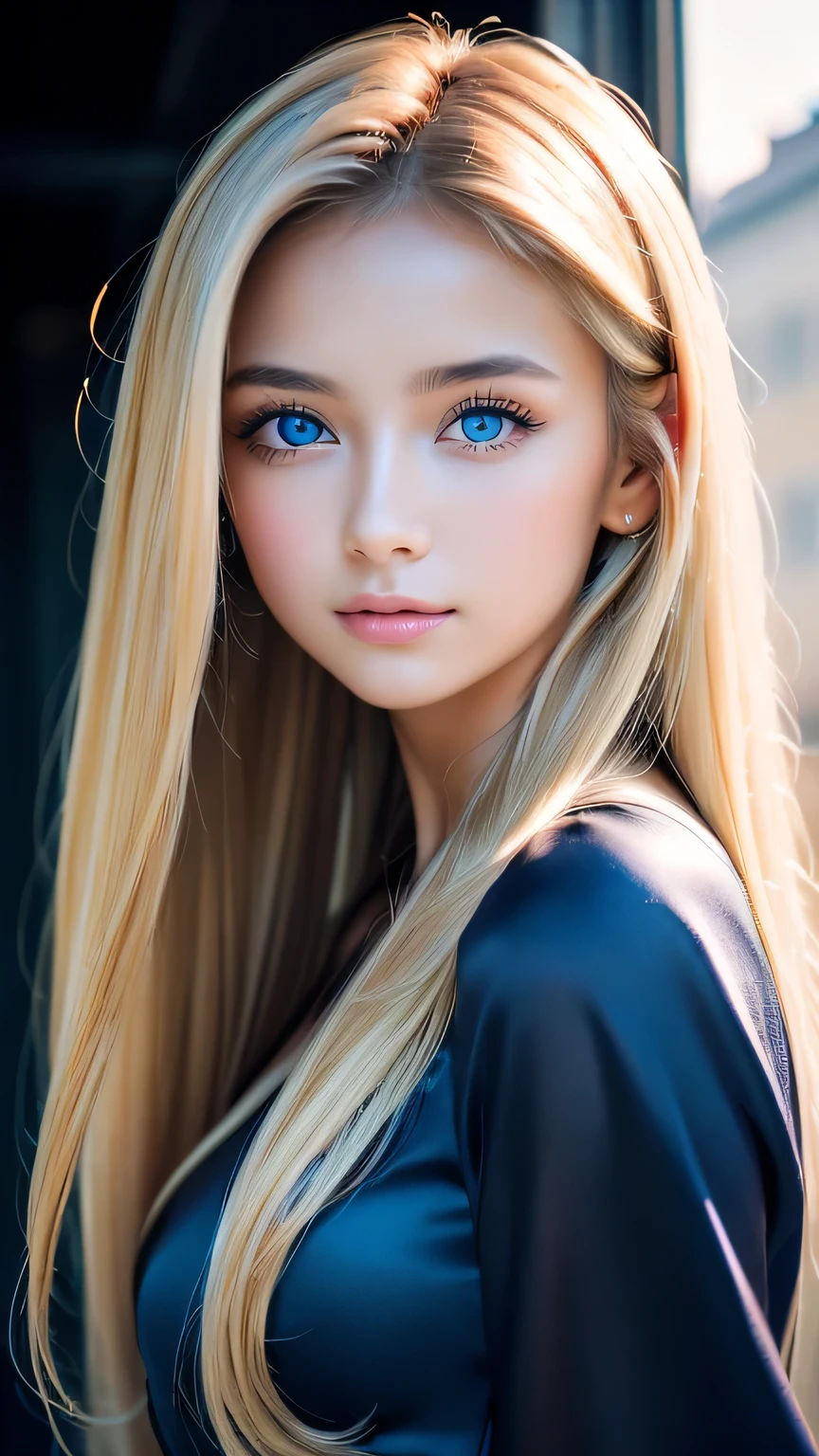 night、RAW Photos、(((A portrait of extreme beauty)))、((Glowing Skin))、1 girl、15 years old beautiful girl in Prague、((Natural light blonde hair))、[blue eyes]、Shiny, glossy skin、Silky long straight hair、eyeliner、Long Bangs、Hair between the eyes、Fluttering Hair、((masterpiece、最high quality、Super detailed、Film Light、Intricate details、High resolution、8K、Very detailed))、Detailed Background、8K uhd、Digital SLR、Soft Light、high quality、Film Grain、Fujifilm XT3 、Shallow depth of field、Natural light、（Perfect hands）、Perfect pretty face