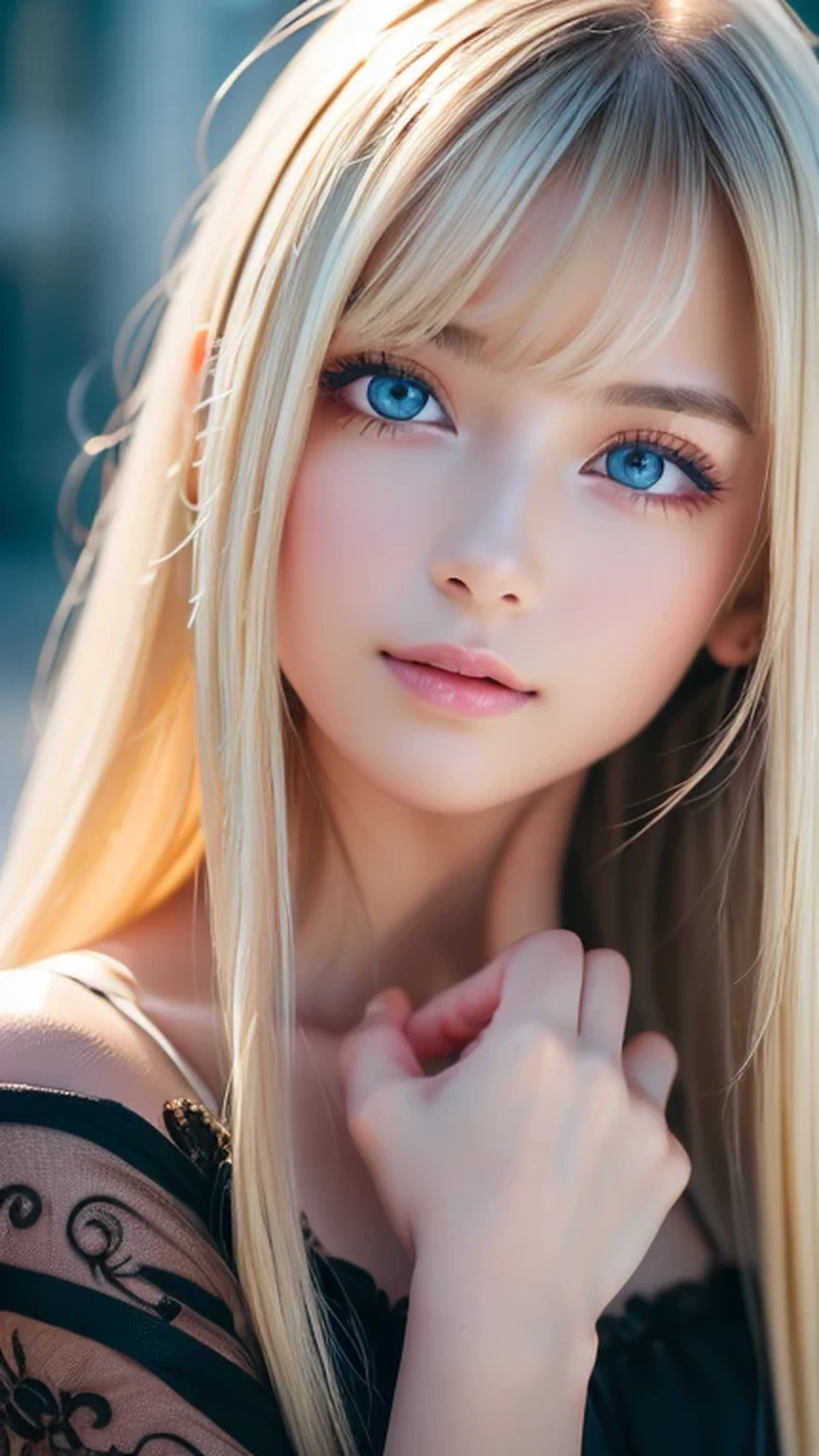 night、RAW Photos、(((A portrait of extreme beauty)))、((Glowing Skin))、1 girl、15 years old beautiful girl in Prague、((Natural light blonde hair))、[blue eyes]、Shiny, glossy skin、Silky long straight hair、eyeliner、Long Bangs、Hair between the eyes、Fluttering Hair、((masterpiece、最high quality、Super detailed、Film Light、Intricate details、High resolution、8K、Very detailed))、Detailed Background、8K uhd、Digital SLR、Soft Light、high quality、Film Grain、Fujifilm XT3 、Shallow depth of field、Natural light、（Perfect hands）、Perfect pretty face