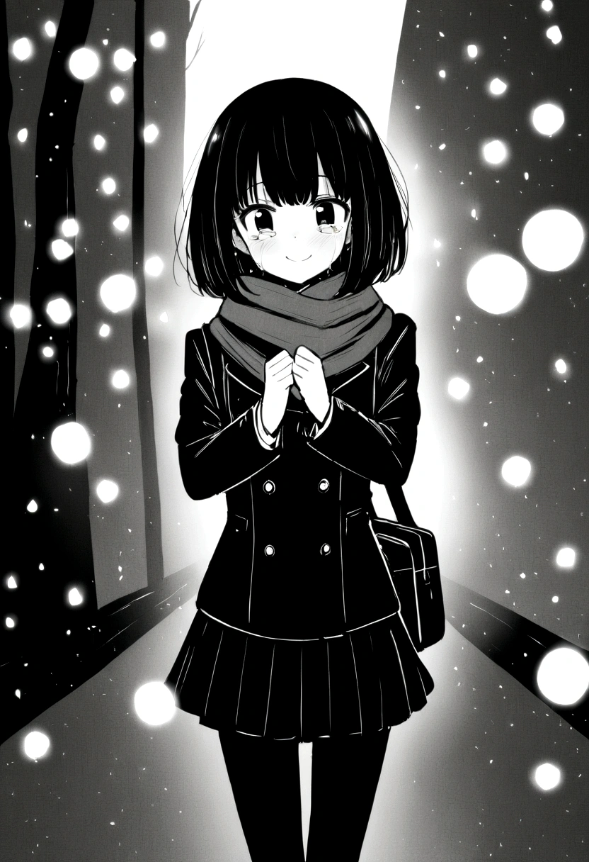 masterpiece, best quality, 1girl, mamerakkkkko, grayscale, manga style, japanese, chi no wadachi, black eyes, street, iced, black hair, schoolbag, smile, lineart, black coat, black scarf, black pleated skirt, leggins, centered, 18 years old, tall, fair skinned, bokeh background, crying, tears, straight-on, tears streaming, bob cut, light particles, centered, snowing, reaching_towards_viewer 
