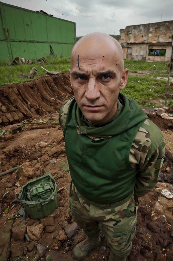 ((Artwork)), 4K, 1 man, bald, burn scar on face, wide nose, scared look, wearing green military helmet, green camouflage military equipment, dirty dirt, knees, combat scene, broken tanks in the background, raining, expressive, close-up camera, cloudy.