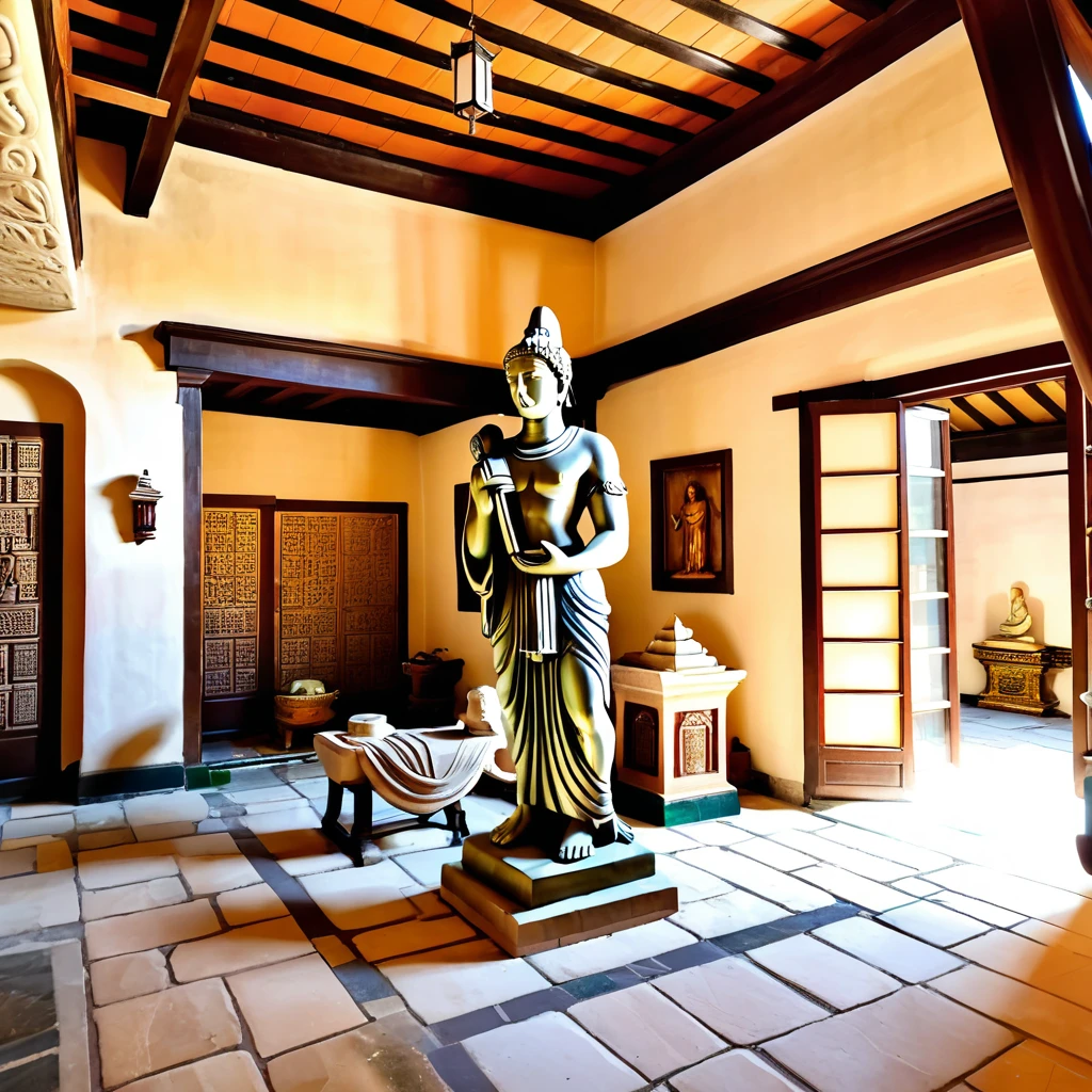 a man crafting a statue with great virtue and attention, inside of ancient building a house