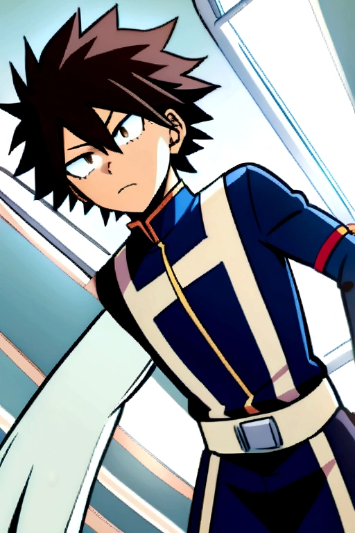 He is a , He has slightly disheveled dark brown hair..., somewhat light brown eyes, He has a black heart-shaped spot on his left cheek that is quite large..., It is something serious, He has a somewhat exercised body, He is dressed in the anime uniform. "my hero academia", Black tentacles emerge from his back that he controls.