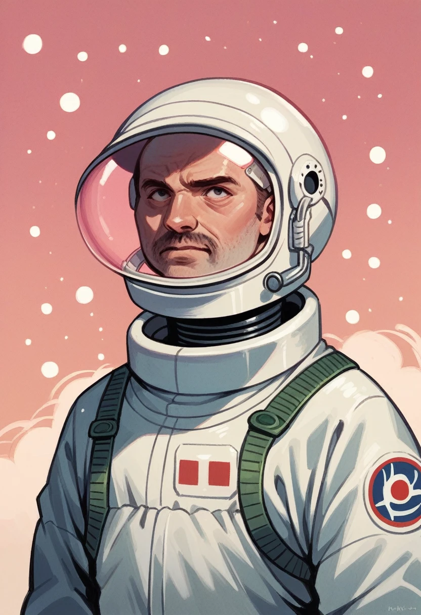 the astronaut walks in the sea of flowers dotted with pink clouds,The astronaut who is alone,The astronaut cannot leave this planet,The astronaut is lost in space without limits.