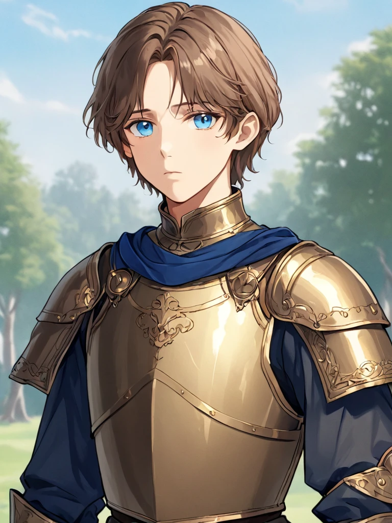high_quality, 4k, masterpiece, 1boy, solo, ear-length brown hair, blue eyes, adult, simple_Victorian_era_clothing, simple_cuirass_chestplate, stoic expression, fair-skinned, looking_at_viewer, outdoors
