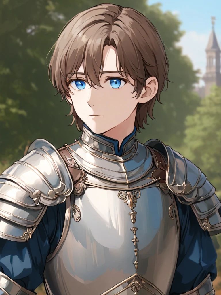 high_quality, 4k, masterpiece, 1boy, solo, ear-length brown hair, blue eyes, adult, simple_Victorian_era_clothing, simple_cuirass_chestplate, stoic expression, fair-skinned, looking_at_viewer, outdoors