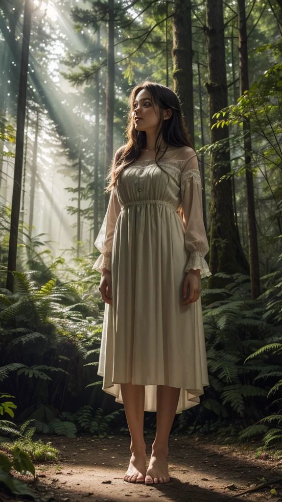 Woman in an enchanted forest at dawn, high resolution, extremely realistic - A woman standing in an enchanted forest clearing, with rays of sunshine filtering through the tall trees. Wildflowers surround her feet as she gazes in wonder at the natural beauty around her..