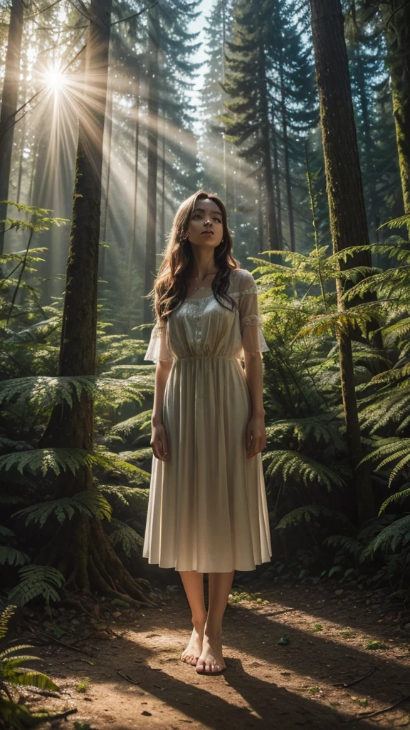 Woman in an enchanted forest at dawn, high resolution, extremely realistic - A woman standing in an enchanted forest clearing, with rays of sunshine filtering through the tall trees. Wildflowers surround her feet as she gazes in wonder at the natural beauty around her..