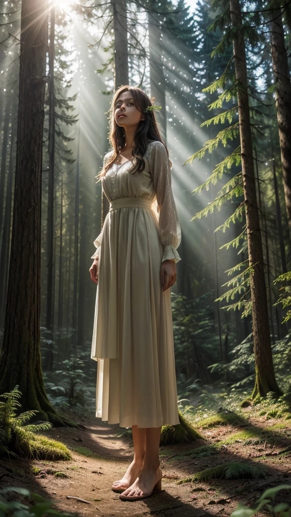 Woman in an enchanted forest at dawn, high resolution, extremely realistic - A woman standing in an enchanted forest clearing, with rays of sunshine filtering through the tall trees. Wildflowers surround her feet as she gazes in wonder at the natural beauty around her..