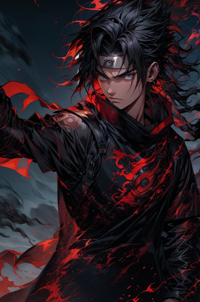 (best quality,highres/1.2),Uchiha Sasuke,masterpiece,anime,sharingan,black hair,long and straight hair,expressive eyes,piercing gaze,serious expression,stoic,cool and calm,red and white Uchiha crest on the back,shoulder-length hair,black cloak with high collar and red clouds,traditional Japanese clothing,katana in hand,standing in a dramatic pose,amidst swirling black flames,background of thunderstorm and dark clouds,post-battle scene,strong lighting casting shadows,crackling lightning,haunting atmosphere,sharp focus,extreme detail description