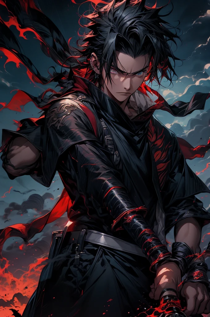 (best quality,highres/1.2),Uchiha Sasuke,masterpiece,anime,sharingan,black hair,long and straight hair,expressive eyes,piercing gaze,serious expression,stoic,cool and calm,red and white Uchiha crest on the back,shoulder-length hair,black cloak with high collar and red clouds,traditional Japanese clothing,katana in hand,standing in a dramatic pose,amidst swirling black flames,background of thunderstorm and dark clouds,post-battle scene,strong lighting casting shadows,crackling lightning,haunting atmosphere,sharp focus,extreme detail description