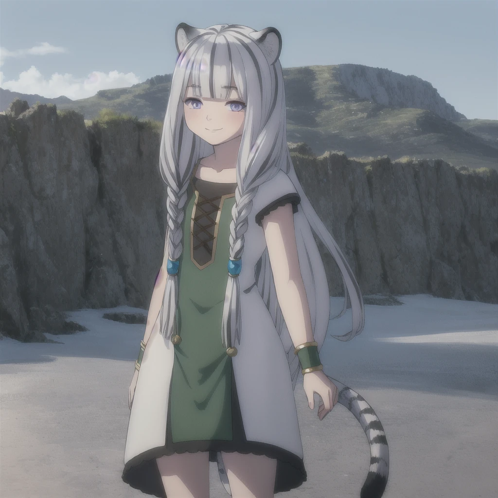 ((masterpiece)), (best quality), (ultra-detailed), photorealistic, (best illustration), ((an extremely delicate and beautiful)), 1girl, solo, long hair, tiger ears, [:tiger tail under:0.2], white hair, two-tone hair, full body, long blue cape, (Alternative outfit:1), platinum armor, cross-laced, standing, evil purple eyes, open eyes, smile, black skirt, short sleeves, detailed scenery, blue sky, horizon, low twin braids, twin braids, hair ornament, bracelet, (knight outfit:0.9), blush, no helmet, Cute but Formidable, girl knight, armor on body. 