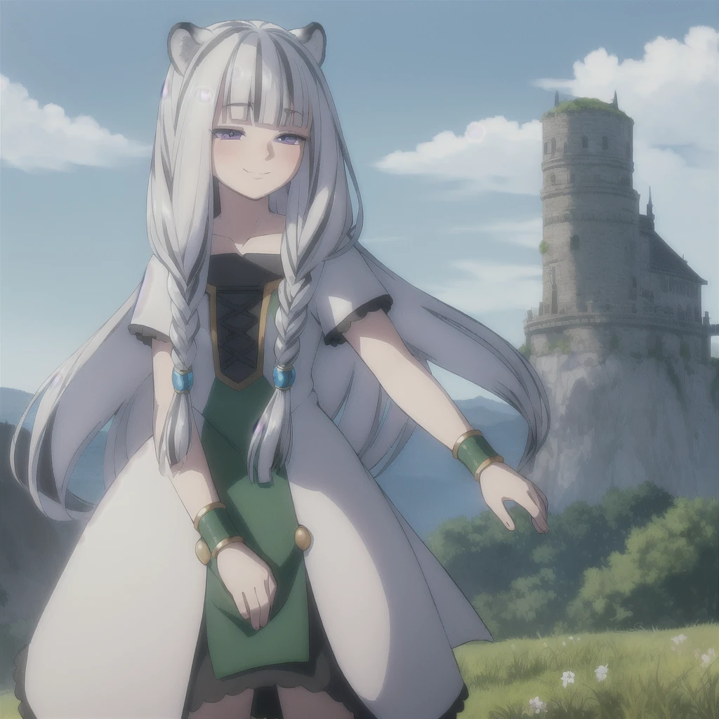 ((masterpiece)), (best quality), (ultra-detailed), photorealistic, (best illustration), ((an extremely delicate and beautiful)), 1girl, solo, long hair, tiger ears, [:tiger tail under:0.2], white hair, two-tone hair, full body, long blue cape, (Alternative outfit:1), platinum armor, cross-laced, standing, evil purple eyes, open eyes, smile, black skirt, short sleeves, detailed scenery, blue sky, horizon, low twin braids, twin braids, hair ornament, bracelet, (knight outfit:0.9), blush, no helmet, Cute but Formidable, girl knight, armor on body. 