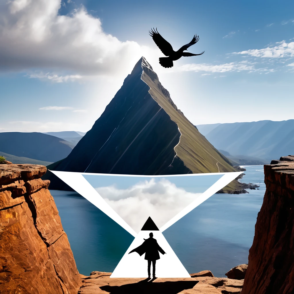a person figure standing on the rocky mountain next to the cliff and looking down, triangular bird like shapes flying around and the altar next to the person
