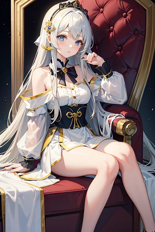 masterpiece, Highest quality, High resolution,Follow the on-screen instructions、Anime Style、One Girl、Princess、cute、Beautiful girl with long hair、Sitting on the throne、I can see her white pantiearble wall background、The style of Oshu