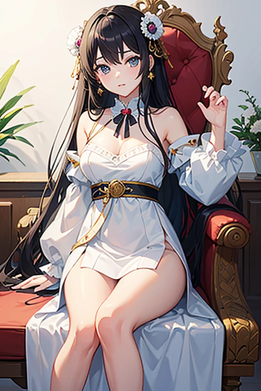 masterpiece, Highest quality, High resolution，Follow the on-screen instructions、Anime Style、One Girl、Princess、cute、Beautiful girl with long hair、Sitting on the throne、I can see her white pantiearble wall background、The style of Oshu