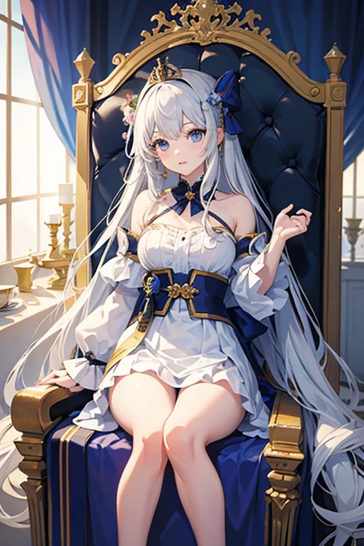 masterpiece, Highest quality, High resolution，Follow the on-screen instructions、Anime Style、One Girl、Princess、cute、Beautiful girl with long hair、Sitting on the throne、I can see her white pantiearble wall background、The style of Oshu