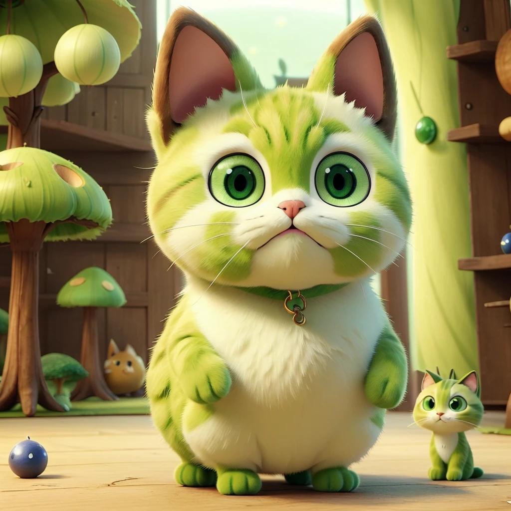 The cat wears a "matcha green poisonous mushroom" hat on its head。
Its body is like a poisonous mushroom,body becomes round,The feet also become round and short,But without losing the cat’s hair and mobility。
Eyes become round and big,One green eye,The other eye is sapphire blue。
The tail is a cat's tail,The head of the tail is like the head of a poisonous mushroom