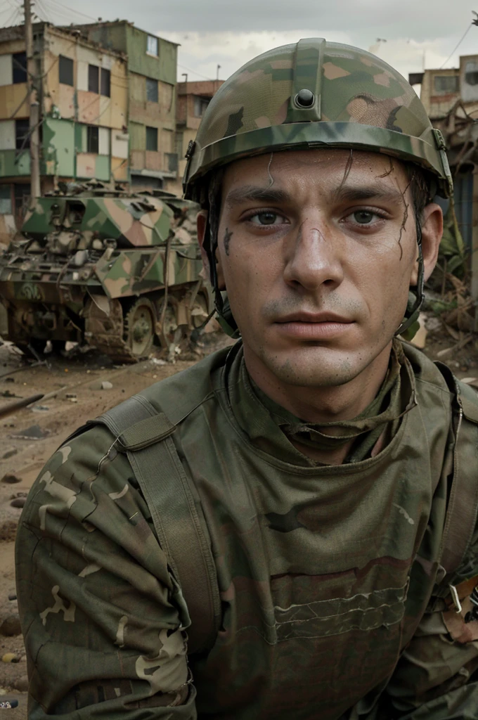 ((Artwork)), 4K, 1 man, bald, burn scar on face, wide nose, scared look, 21-year-old face, wearing green military helmet, green camouflage military equipment, dirty dirt, on his knees, combat scene, broken tanks in the background, raining, expressive, close-up camera, cloudy.