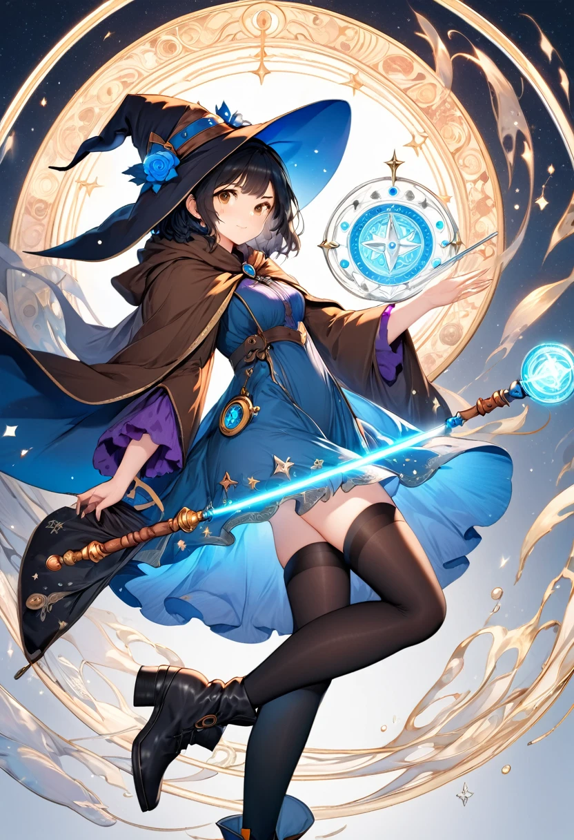 A beautiful witch in the style of Studio Ghibli, 1.55 tall, 16 years old, medium-length black hair, light brown eyes, fair skin, wearing a knee-length transparent blue dress, black stockings and dark brown boots, a black and cinnamon cloak, a light brown handbag and a magic wand made of coral lizard. 8k image, ((highest quality)),(ultra high resolution),(Super detailed),(detailed description),((best GC)),(best artwork),super art precision,great drawing- art(Fantasy art with precise details:1.5),(witch:1.6),(and pretty cute shaped face:a 1.5),(Magic circle floating:1.6),dynamic pose:1.5,boots:1.3, magic circle, final fantasy XV style, 4K, super sexy, By Luciano75