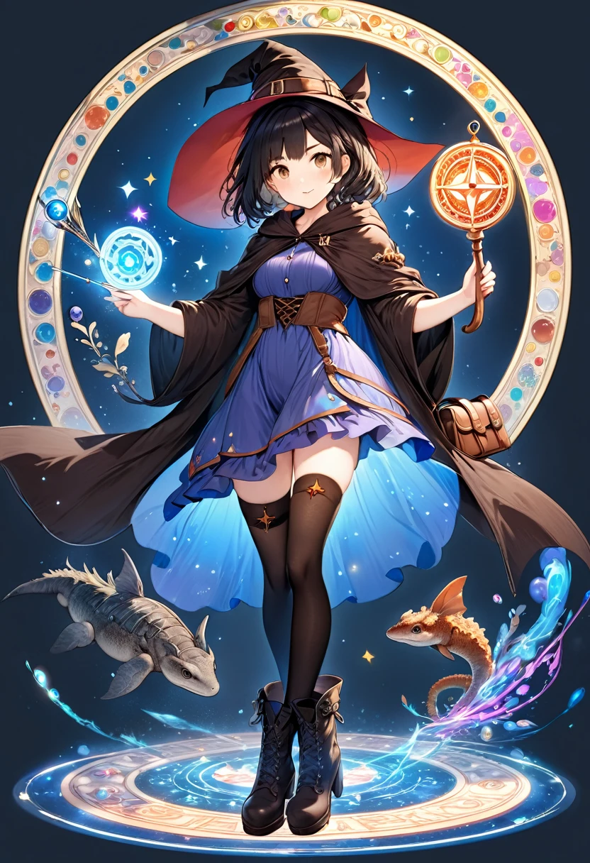 A beautiful witch in the style of Studio Ghibli, 1.55 tall, , medium-length black hair, light brown eyes, fair skin, wearing a knee-length transparent blue dress, black stockings and dark brown boots, a black and cinnamon cloak, a light brown handbag and a magic wand made of coral lizard. 8k image, ((highest quality)),(ultra high resolution),(Super detailed),(detailed description),((best GC)),(best artwork),super art precision,great drawing- art(Fantasy art with precise details:1.5),(witch:1.6),(and pretty cute shaped face:a 1.5),(Magic circle floating:1.6),dynamic pose:1.5,boots:1.3, magic circle, final fantasy XV style, 4K, super sexy, By Luciano75