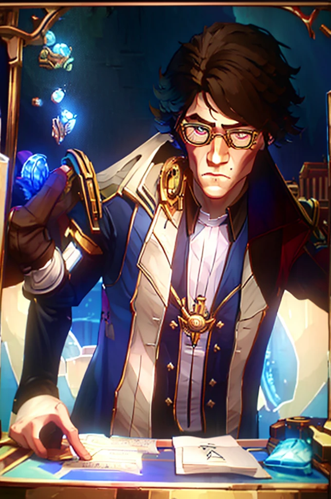 make a character where he has a steampunk outfit where it is white with some blue gears and he is asked a board with calculations and he seems to be denying the result that being in the board. He has wavy brown hair and blue eyes and wears steampunk glasses.