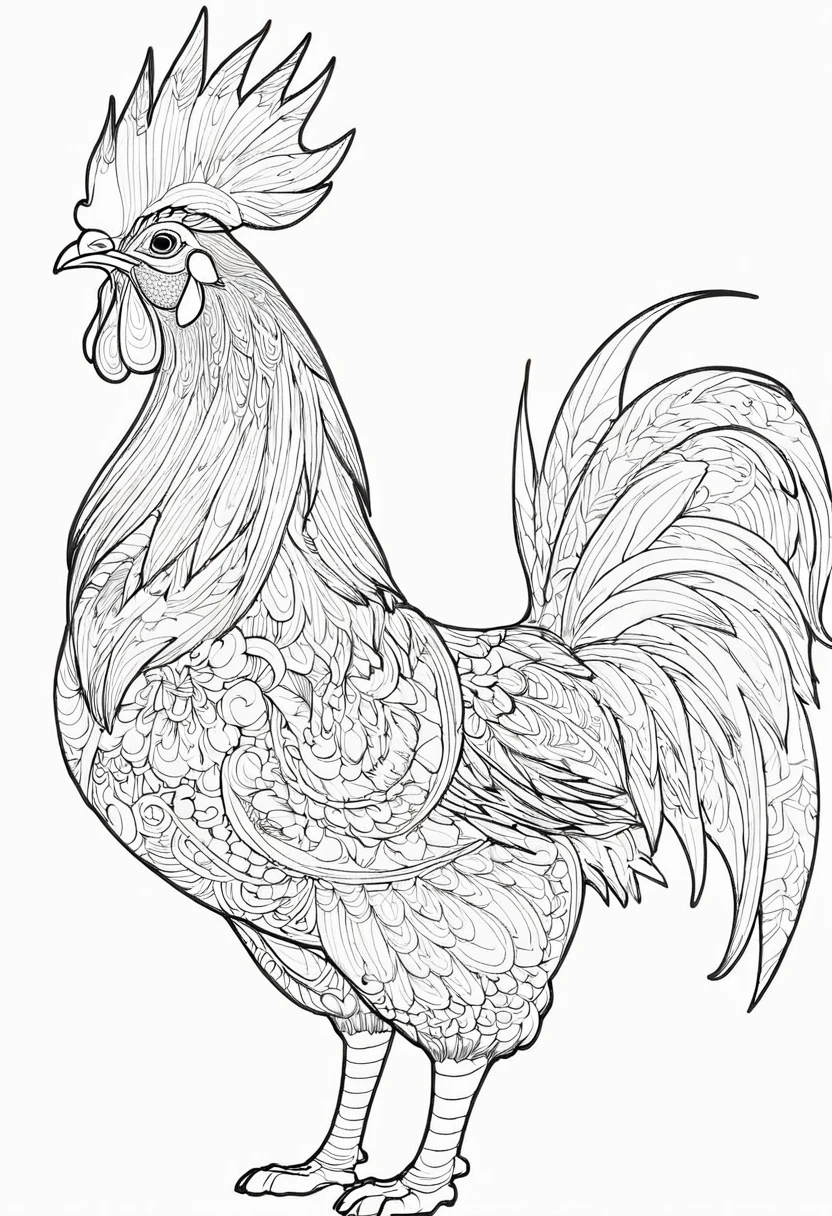 a coloring page with a rooster, black and white coloring, Coloring book outline, Detailed line art, clean coloring book page, stylized lines, art outline, detailed drawing in 4k, line art coloring page, detailed art, hyper Detailed line art, detailed digital drawing, Coloring Pages, coloring pages, extremely fine ink line