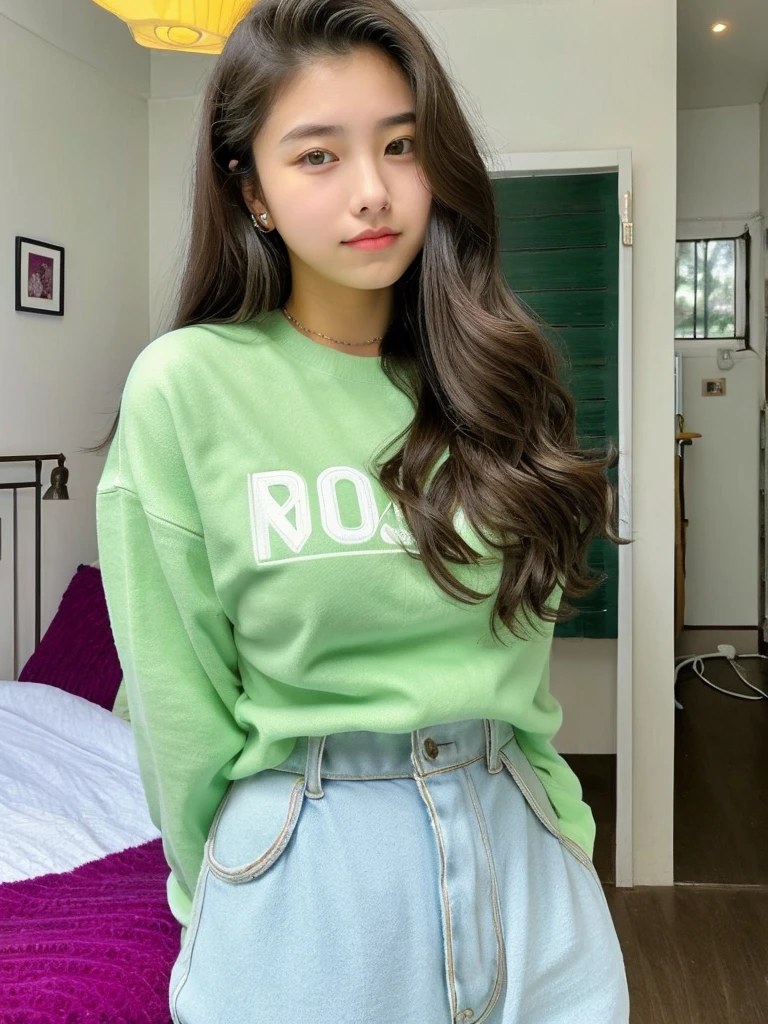 A beautiful 15 year old girl, cute face, wavy black hair, with nose and navel piercings, green long-sleeved shirt, loose white pants, jewelry, big breasted mackerel, colossal ass, colossal hips, shapely body, inside your room taking a photo in front of the mirror