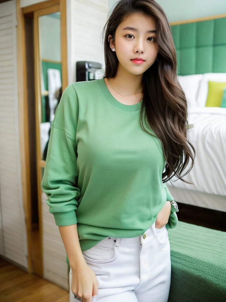 A beautiful 15 year old girl, cute face, wavy black hair, with nose and navel piercings, green long-sleeved shirt, loose white pants, jewelry, big breasted mackerel, colossal ass, colossal hips, shapely body, inside your room taking a photo in front of the mirror