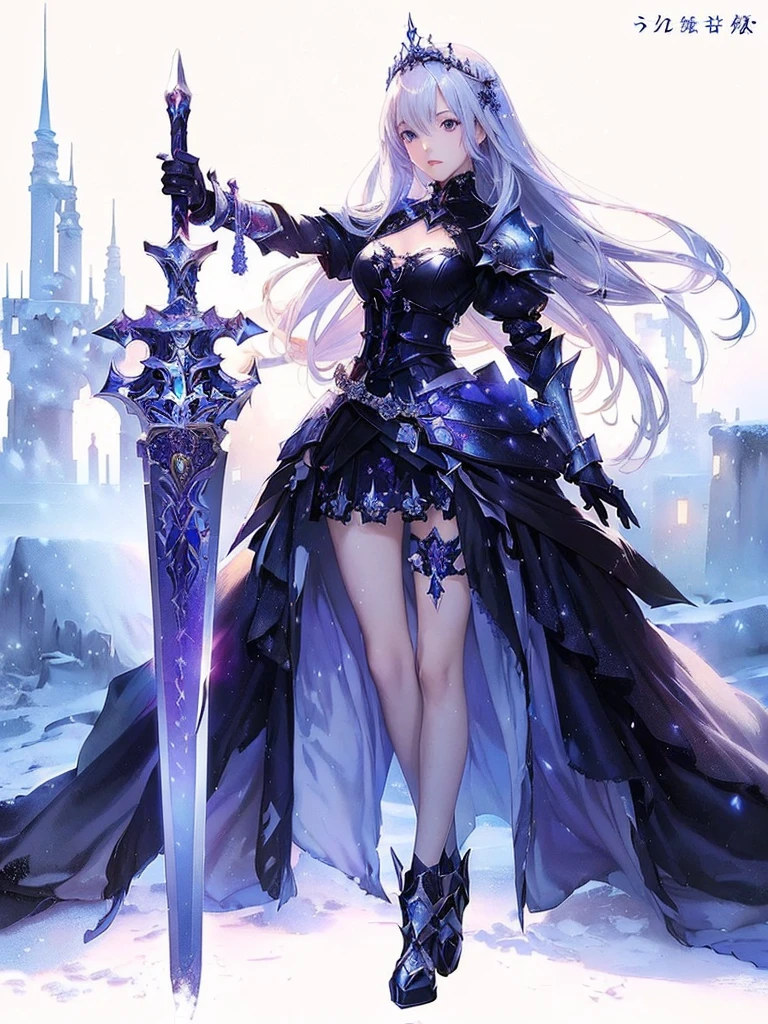 Anime girl with sword and armor in a snowy town, Beautiful fantasy anime, She has a sword, Zerochan Art, Gothic Maiden Anime Girl, Beautiful anime art, High quality anime art, Anime fantasy artwork, Detailed anime art, High-resolution anime art, Beautiful anime artwork, beautiful sword, Detailed Key Anime Art, With a big sword