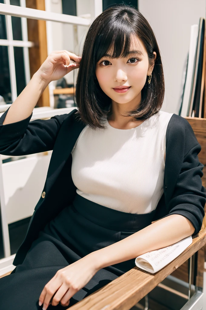 Suit, backstage at studio, talent agency manager,((full body)),((photo)),((best qualtiy, 8K, tmasterpiece:1.3)), Focus:1.2, perfect figure beautiful girl:1.4,1girl,cowboy shot,look at viewer,incredibly absurd, beautiful and cute girl with a photorealistic face, showcasing top-quality craftsmanship, Japanese woman writing work instructions in her notebook, 20 years old, shoulder-length bob cut, thick, straight black hair with bangs, shiny black hair, large eyes, round face, long eyelashes, soft smile, thin eyebrows, small nose, glossy lips, smooth skin, fair skin, fine-grained skin, tall, slender figure, well-balanced proportions, delicate limbs, small B-cup breasts, white blouse, black tight skirt, heeled pumps, watch, earrings, pretty older woman, beautiful, neat, fashionable, cheerful, positive, curious, sociable, responsible, highly trusted by those around her, October