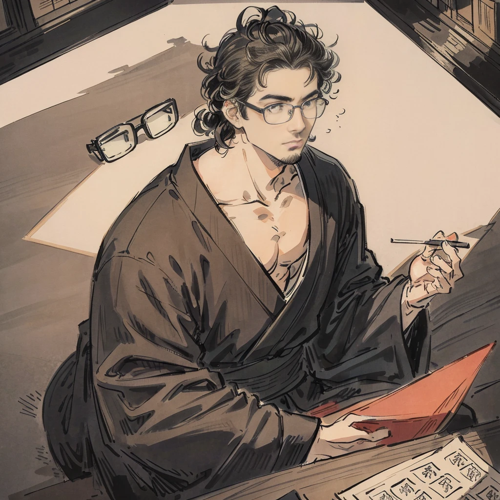 Draw even the texture of Japanese paper、Black and white woodblock prints in ink。Early Showa period、Wearing a kimono at about 25 years old、Highest image quality、Best texture、1 Asia man with stubble, slightly curly hair, and black square plastic-framed glasses