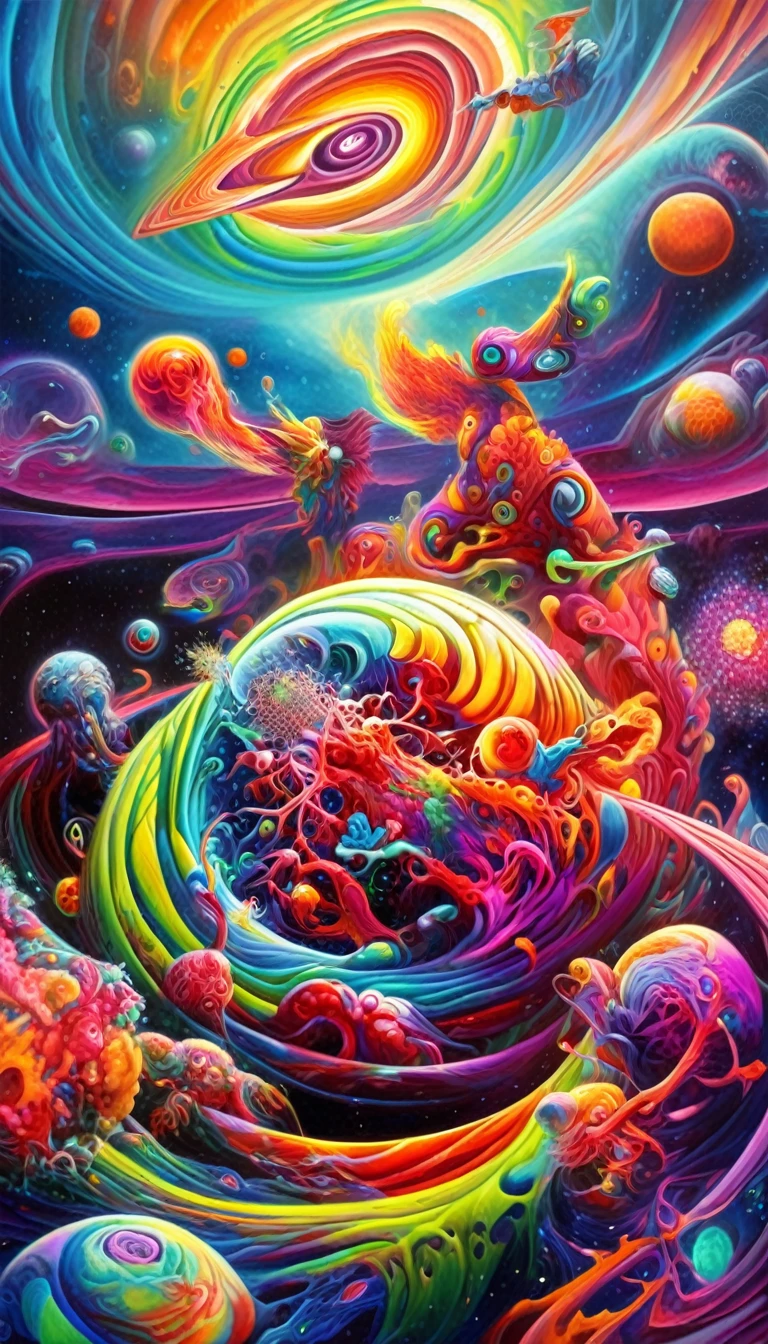 Psychedelic style nano-infused mutants, mutants with nanobots integrating into their bodies, granting extraordinary abilities, a dark nebula in the background, . Vibrant colors, swirling patterns, abstract forms, surreal, trippy