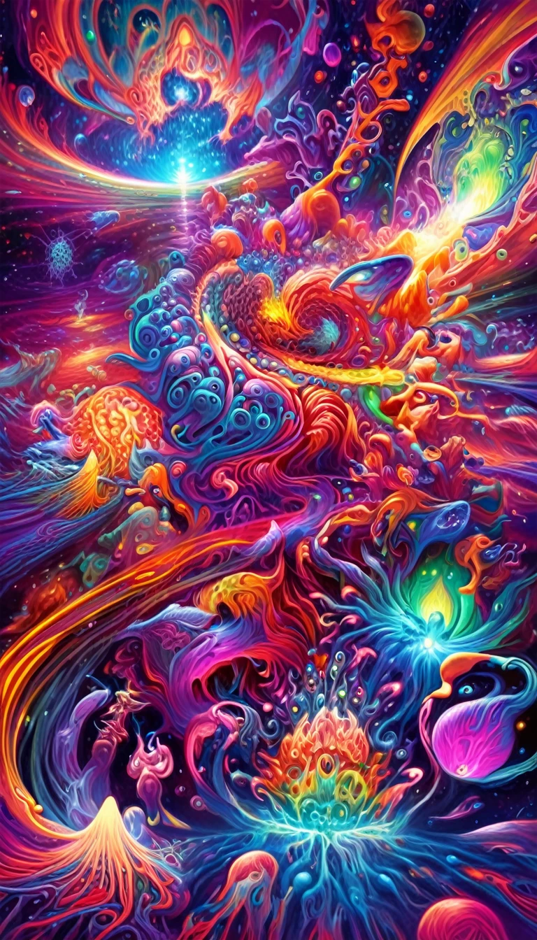 Psychedelic style nano-infused mutants, mutants with nanobots integrating into their bodies, granting extraordinary abilities, a dark nebula in the background, . Vibrant colors, swirling patterns, abstract forms, surreal, trippy