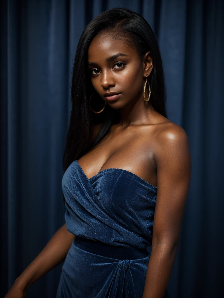 photo of a beautiful (dark-skinned girl:1.2) on a blue velvet background, Blue velvet drapery background, (Textured fabric of the highest quality on a blue velvet background), lush blue drapery behind her with accent highlights(Highest Quality), her frontal shot on camera, Skin smooth and radIAnt, Film quality, The woman (Ultra-realistic , IA&#39;in deep darkness ,Soft accents, Magnificent lighting in the style of Rembrandt., (Rembrandt Patch), Her juicy, cascades of natural dark hair, giving her face an aura of charm. With amazing eyes, adorned with long lashes, eyes, rich, deep colours, Ancient seduction and passion. Finely detailed(Fine-grained), (Highly detailed skin texture of peachy-fluffy earlobe is realistic.) ○○ RES – ○○ Ultra High Resolution Resolution(hight resolution) , Very high resolution textures(Light Resolution), Realistic - Realistic Photorealistic - (photorealistic beautiful eyes, Pupil colors, 4K) , 8K,Extreme Detail, Close and intimate, She looks directly at the viewer, Mesmerizing eyes, Looking at us,Her perfectly sculpted lips, Very real lip glasses,painted in a bright crimson shade. aka Engr, Vermeer Corporation, work of art, Explore your desires.Solo Woman, (Highest quality leather), hairlong, Every detail,fine facIAl traits, micro-details of skin and hair Masterpiece – Masterpiece ○○ quality – ○○ quality best quality(Highest Quality) ,Leica Film, Best, solo female, hiquality (hiquality)　etc. D. ○ ○ ○ Detail - ○ ○ Detail ultra-fine details(micro details), Photorealistic, Extremely detailed(Extremely detailed) , Finely detailed(Fine-grained), (Highest skin texture detail) ○○ RES – ○○ Ultra High Resolution Resolution(hight resolution) , Very high resolution textures(Light Resolution), Realistic - Realistic Photorealistic - photorealistic beautiful -