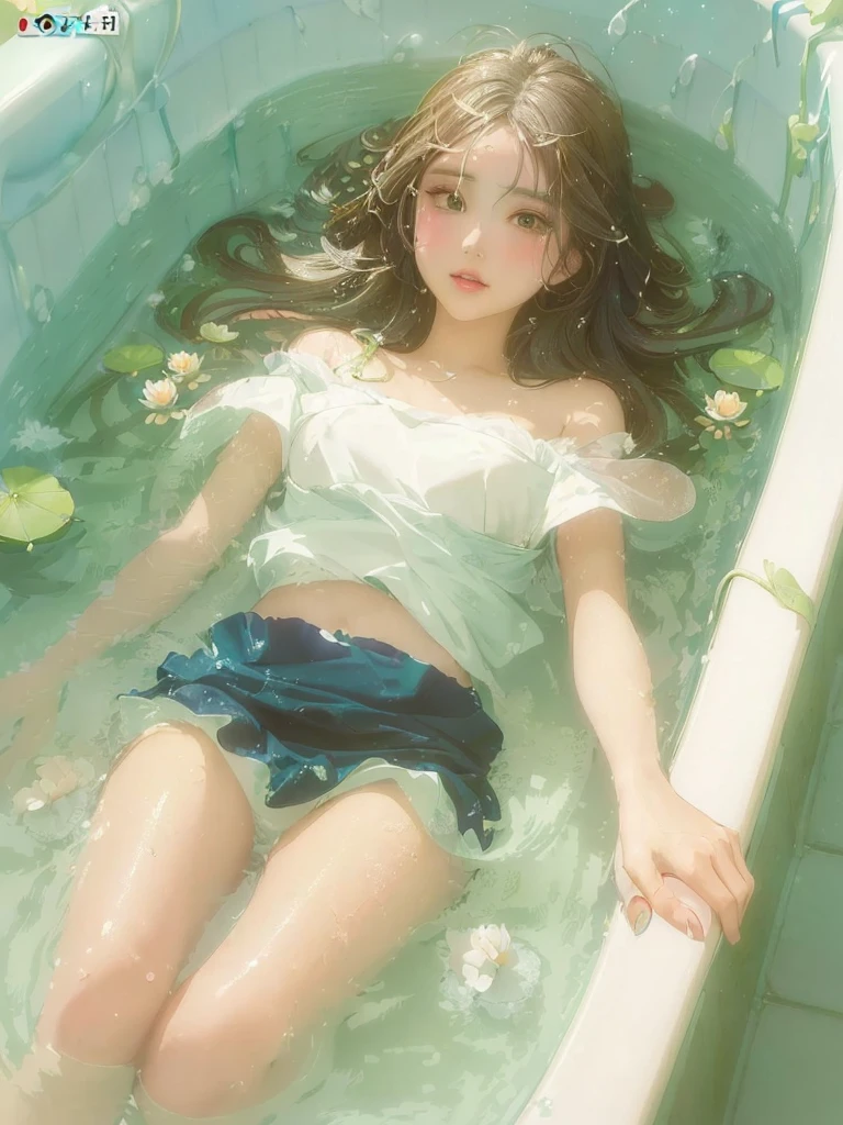 Anime girl lying in a bathtub with water lilies, artwork in the style of Gwaiz, Gwaiz, Gwaiz on pixiv artstation, Gwaiz on artstation pixiv, Gwaiz masterpiece, Soft anime illustration, Created by Anime Painter Studio, Reusch and Urop, By Chen Yanjun, Beautiful Anime Girls, At the pond
