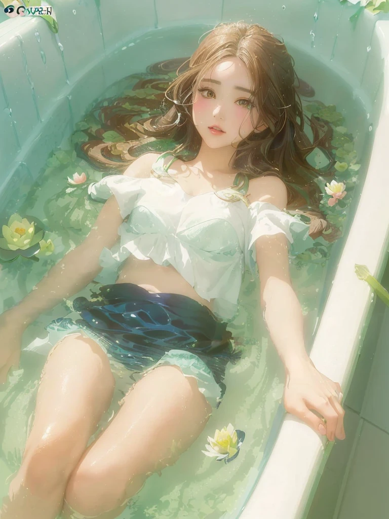 Anime girl lying in a bathtub with water lilies, artwork in the style of Gwaiz, Gwaiz, Gwaiz on pixiv artstation, Gwaiz on artstation pixiv, Gwaiz masterpiece, Soft anime illustration, Created by Anime Painter Studio, Reusch and Urop, By Chen Yanjun, Beautiful Anime Girls, At the pond