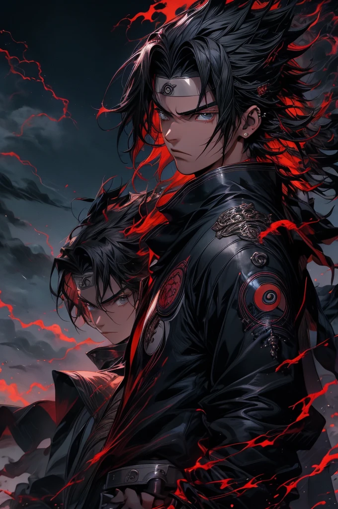 (best quality,highres/1.2),Uchiha Sasuke,masterpiece,anime,sharingan,black hair,long and straight hair,expressive eyes,piercing gaze,serious expression,stoic,cool and calm,red and white Uchiha crest on the back,shoulder-length hair,black cloak with high collar and red clouds,traditional Japanese clothing,katana in hand,standing in a dramatic pose,amidst swirling black flames,background of thunderstorm and dark clouds,post-battle scene,strong lighting casting shadows,crackling lightning,haunting atmosphere,sharp focus,extreme detail description