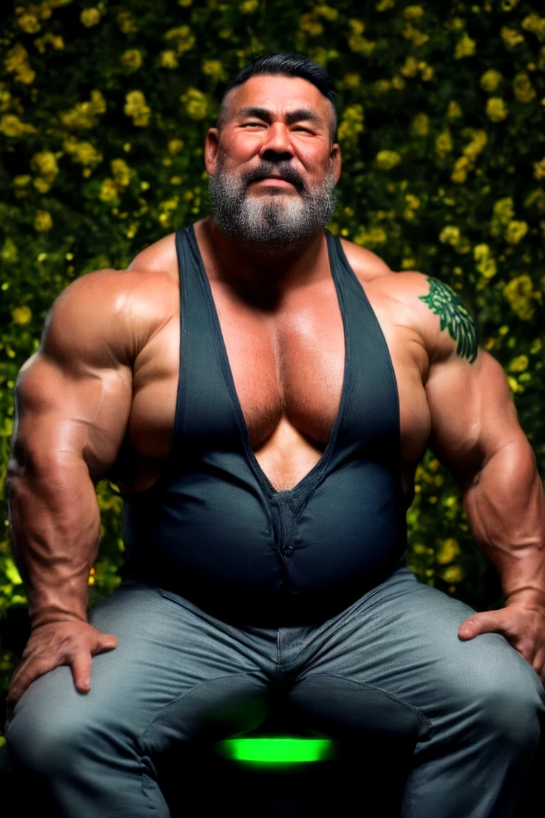 A group of mature beefy bearded Asian man with a more bigger body size, big beer belly, pumped chest, tribal art style tattoos, authoritative expression, sitting pose, sweating, worshiping and snuggling him, hugging from behind, wearing a overall suit, green lights, flowers background, low angle camera, add bandage around his body